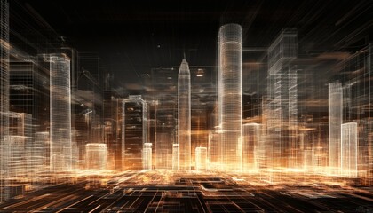 Futuristic cityscape: wireframe rendering of modern skyscrapers at night