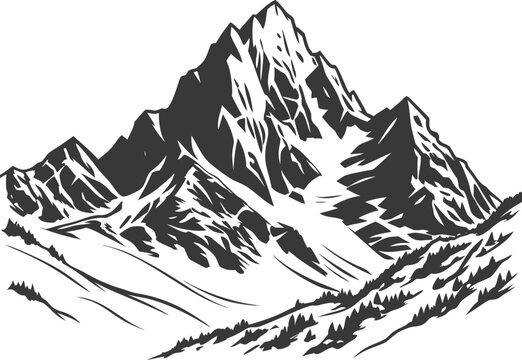 Illustration of rugged mountains with sharp, jagged peaks and snow accents. Black and white design conveys a bold, dramatic, and adventurous tone.