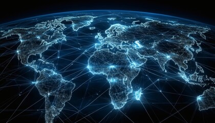 Global network connections shown on a dark world map