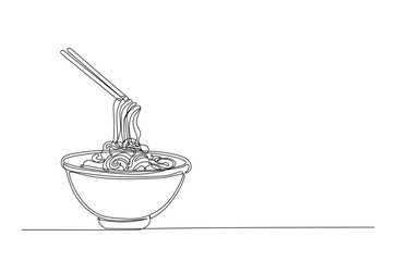 noodles or ramen in the bowl in continuous one line drawing. Single line art illustration of mie ramen in the bowl.