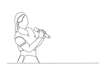 Woman holding microphone singing favorite song in continuous one line drawing. Single line art illustration of vocalist performing in festival.