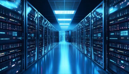 Rows of illuminated servers in a modern data center