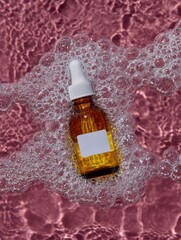 Premium Amber Glass Dropper Bottle Floating in Water with Foam Modern Minimal Skincare Aesthetic for Millennial Wellness Marketing Content