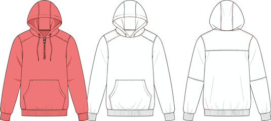 Men’s pullover hoodie vector illustration, front and back view, half zip sweatshirt with kangaroo pocket, drawstring hood technical flat © Asif's Creatives