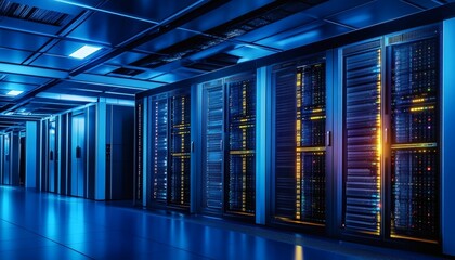 Modern data center server room with glowing blue lights