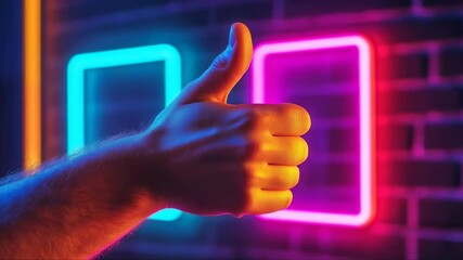 A hand displays a thumbs up gesture against a wall illuminated by bright neon colors. The atmosphere is lively and energetic, highlighting a positive vibe. - Powered by Adobe