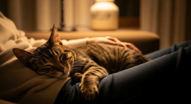 Tabby cat napping comfortably on a person's lap with a gentle hand resting on it, concept for relaxation moments, fostering feline friendships and home comfort