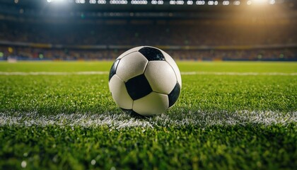 Soccer ball on the green field of a stadium