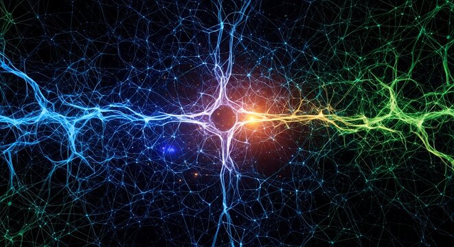Abstract neuronal network with blue and green glow on black backdrop, intricate web of interconnected lines and nodes forming a complex structure, concept for neuroscience research, data - Powered by Adobe