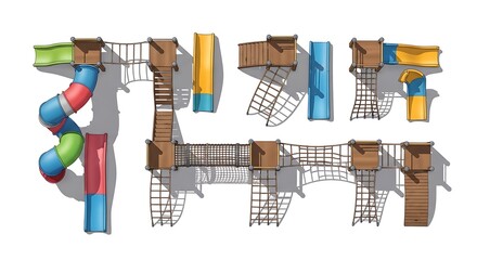 Overhead view of colorful playground equipment on a white backdrop