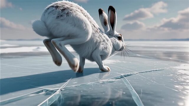 Snow hare rabbit on frozen lake ice reflection winter running fur landscape reflection