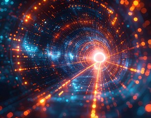 Digitally rendered, glowing tunnel with light beams and orbs