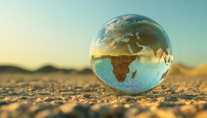 Glass globe depicting earth rests on arid land, showcasing continents and oceans