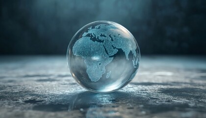 Digital world map inside a glass orb on reflective surface