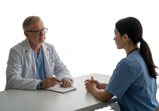 Doctor and nurse in professional consultation isolated on transparent background