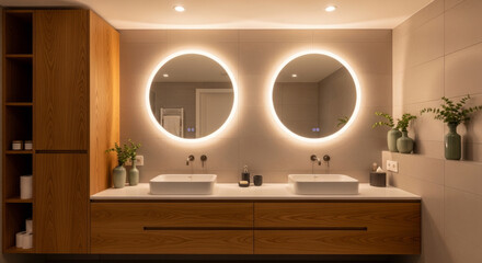 Modern bathroom with double sinks and circular illuminated mirrors