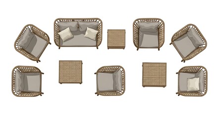 Top down view of outdoor furniture set on white background
