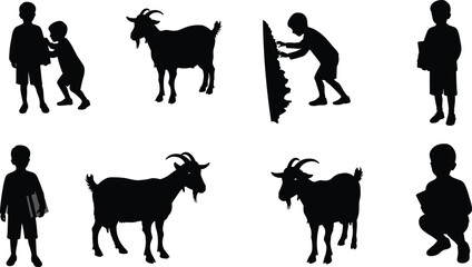 Children and goats silhouettes in playful rural scene, farm life interaction, reading, standing, crouching, vector illustration for stock design