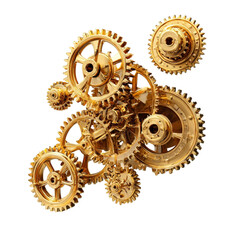 Intricate golden clockwork gears meshing together in dynamic motion high detail macro shot