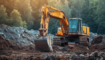 Obraz premium Powerful excavator digs into rich dark soil against a backdrop of lush green forest