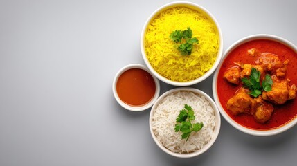Delicious Indian Cuisine with Aromatic Basmati Rice, Vibrant Yellow Rice, and Flavorful Chicken in Rich Curry Sauce Served in Elegant Bowls