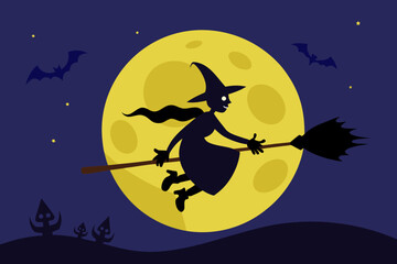 Fototapeta premium Witch Flying on Broom Across Full Moon Background