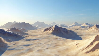 Expansive desert landscape with snow-capped mountains under a bright sky