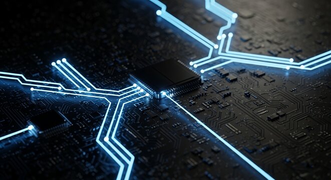 Close-up of a microchip on a dark circuit board with luminous blue lines and connections. Concept for artificial intelligence, computer engineering and digital technology integration