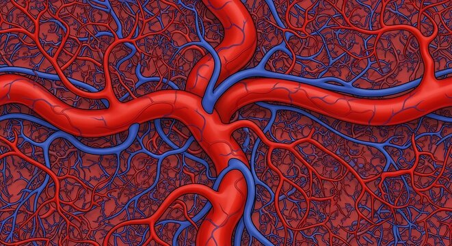 Illustration of human blood vessels, arteries, and capillaries in detailed red and blue pattern, concept for medical illustration, anatomical study and biological visualization - Powered by Adobe