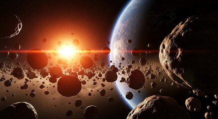 rocks and planets in space with a beautiful view of sunlight