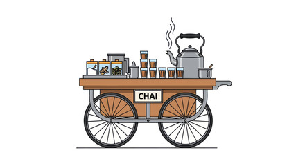 Traditional Indian Chai Tea Cart with Kettle and Cups.