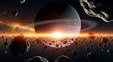 rocks and planets in space with a beautiful view of sunlight
