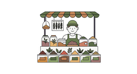 Colorful Spice Market Stall with Vendor and Jars Illustration.