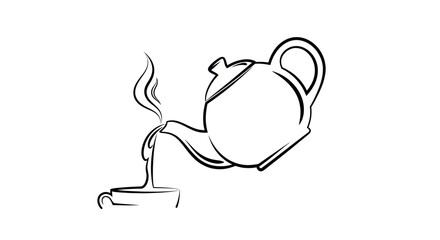 Simple Black Line Art Teapot Pouring Tea into Cup.