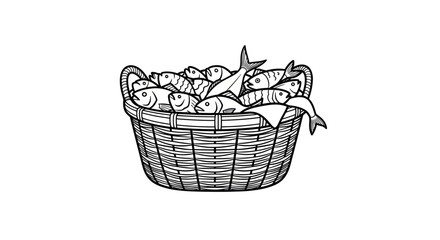 Wicker Basket Overflowing with Freshly Caught Fish.