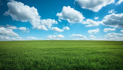 Obraz premium Vast green field under a bright blue sky with fluffy white clouds