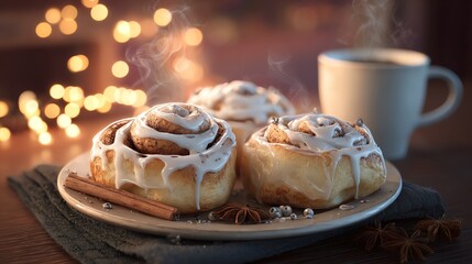 Cinnamon rolls with white icing, steaming coffee and warm cozy lighting