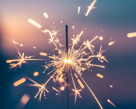 Close up of a sparkler igniting and glowing with bright orange sparks against a soft blurred background creating a festive and celebratory atmosphere perfect for holidays and special occasions