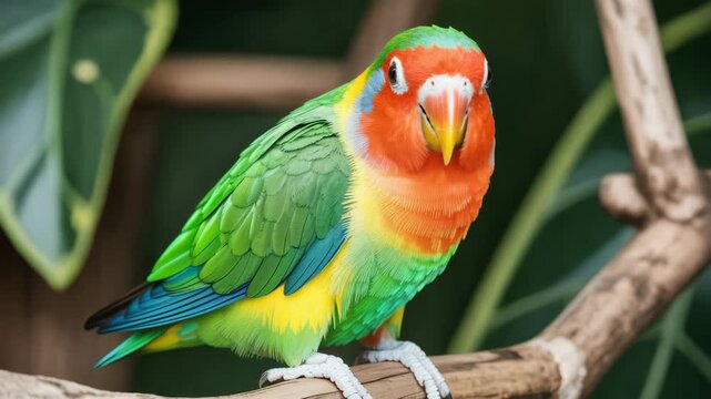 Vibrantly colored parrot with green wings and an orange face perching on a tree branch in its natural habitat