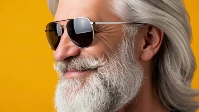 Handsome man with long hair, stylish beard, and sharp moustache posing confidently for a modern men&rsquo;s hair salon poster or fashion advertisement, symbolizing masculine grooming trends and contemporary