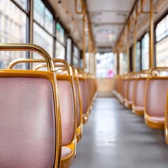 Fototapeta premium Modern Electric Mobility Tram Interior with Empty Seats and Handrails Premium Public Transit Space for Comfortable Urban Commuting and Travel Marketing Campaigns