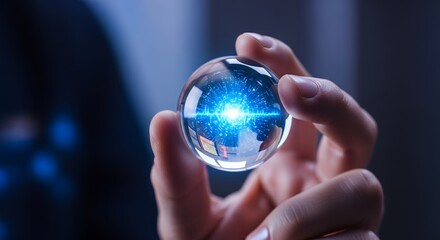 Man holds a crystal ball with glowing blue lights, concept for fortune telling, future predictions and business analysis strategy