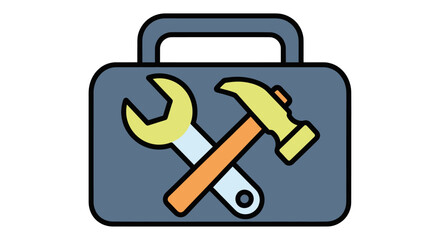 Blue Toolbox with Crossed Hammer and Wrench Icon.