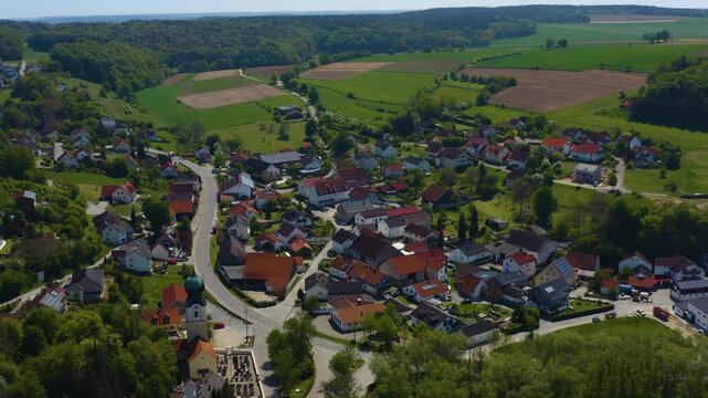Aerial panoramic view around the village and  monastary Weltenburg in Germany, Bavaria on a sunny spring day