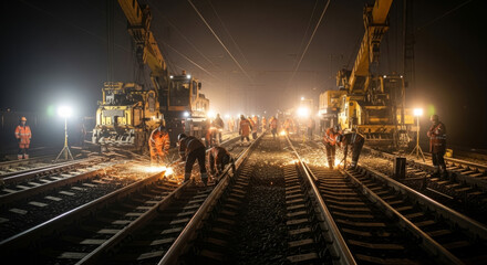 Nighttime railway track maintenance with workers and machinery