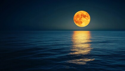 Large orange moon rising over dark blue ocean water