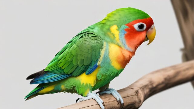 Vibrant lovebird parrot perched on a natural branch against a bright background showcasing its colorful plumage