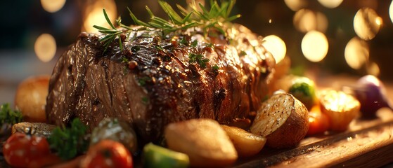 Roast beef with herbs, vegetables, and glowing Christmas lights in background