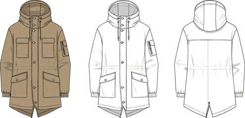 Winter parka jacket flat vector illustration, long hooded outerwear with multiple pockets and drawstring waist, stylish cold weather fashion design © Asif's Creatives