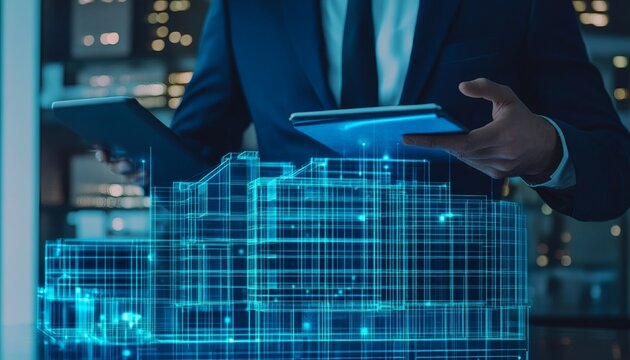 Businessperson reviewing a digital 3d building model on a tablet - Powered by Adobe